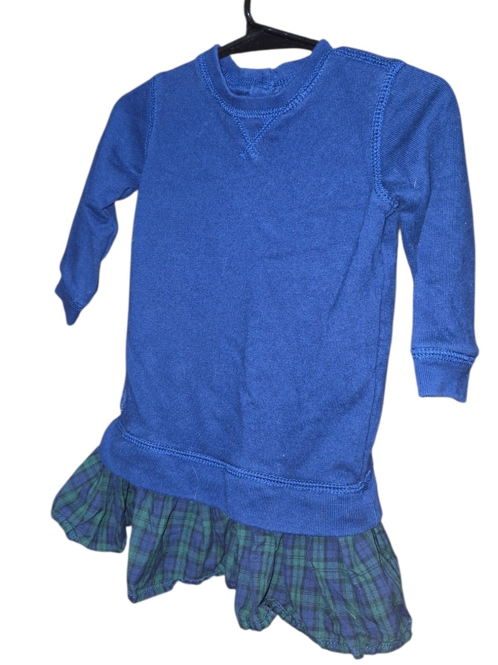 Ralph Lauren Royal Blue Sweatshirt Dress with Green-Blue Plaid Ruffle
